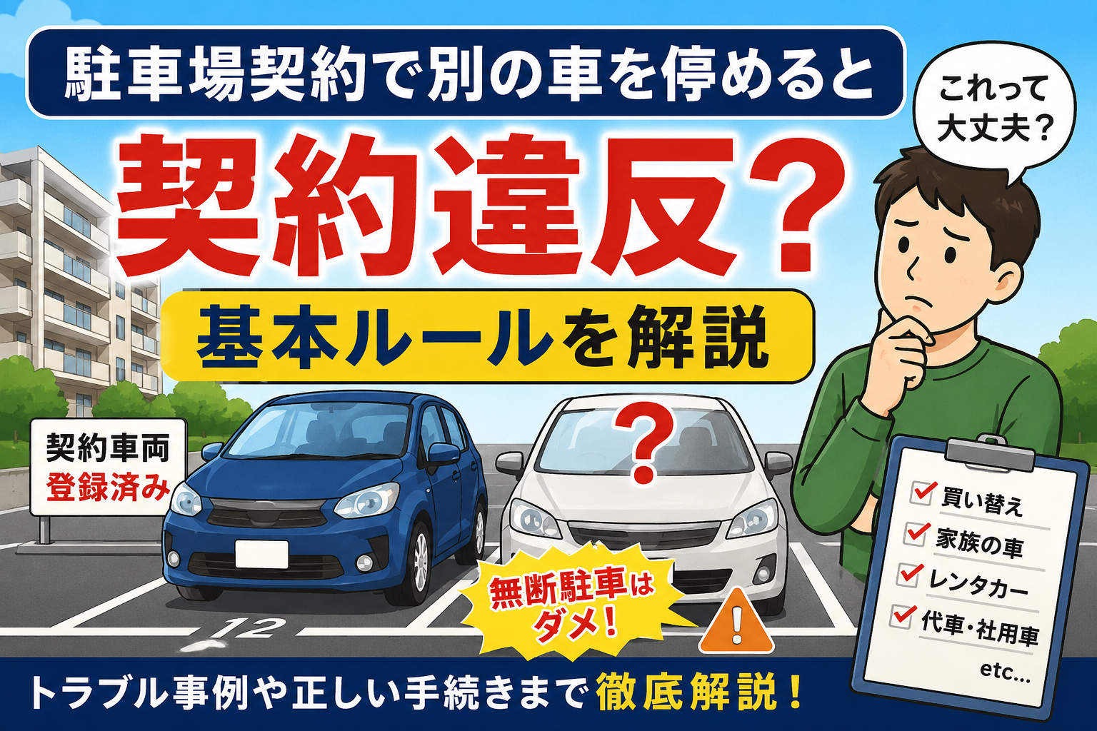駐車場契約で別の車は違反？マンションのルールと対処法を解説