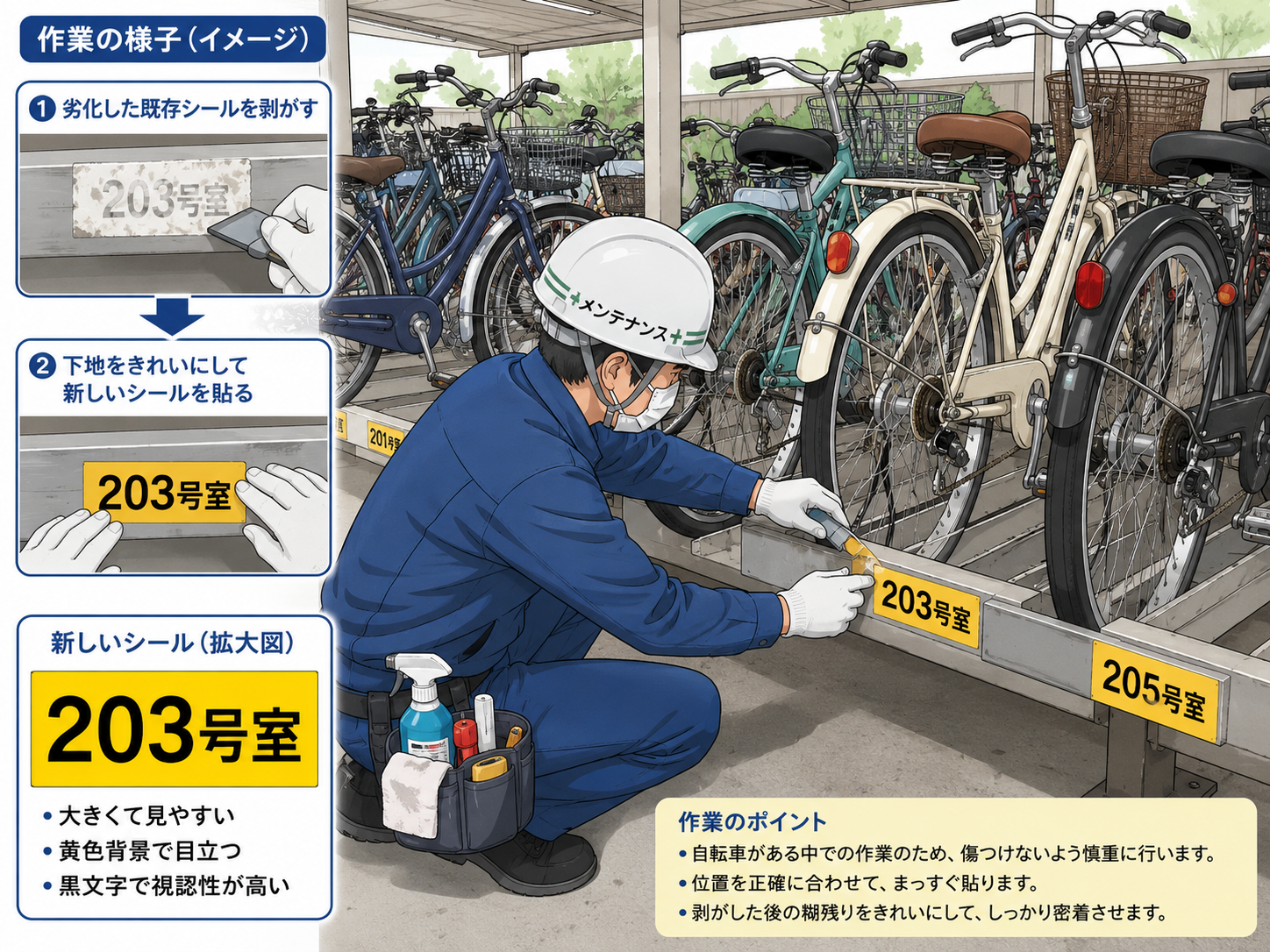 駐輪場の区画表示の貼り替えも大規模修繕工事で実施に