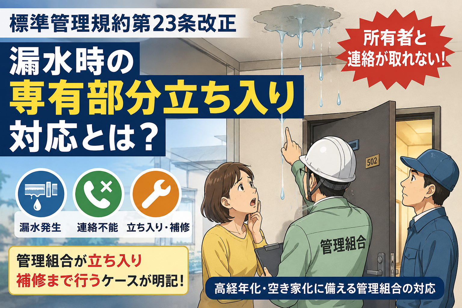 標準管理規約第23条改正 漏水時の専有部分立ち入り対応とは? 標準管理規約第23条改正 漏水時の専有部分立ち入り対応とは?