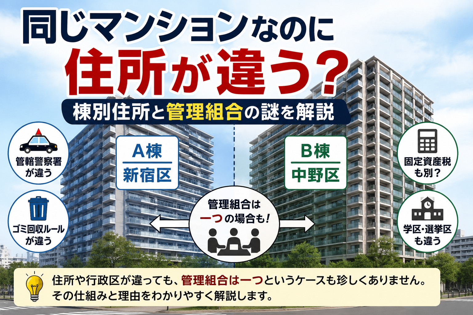 同じマンションなのに住所が違う？棟別住所と管理組合の謎を解説