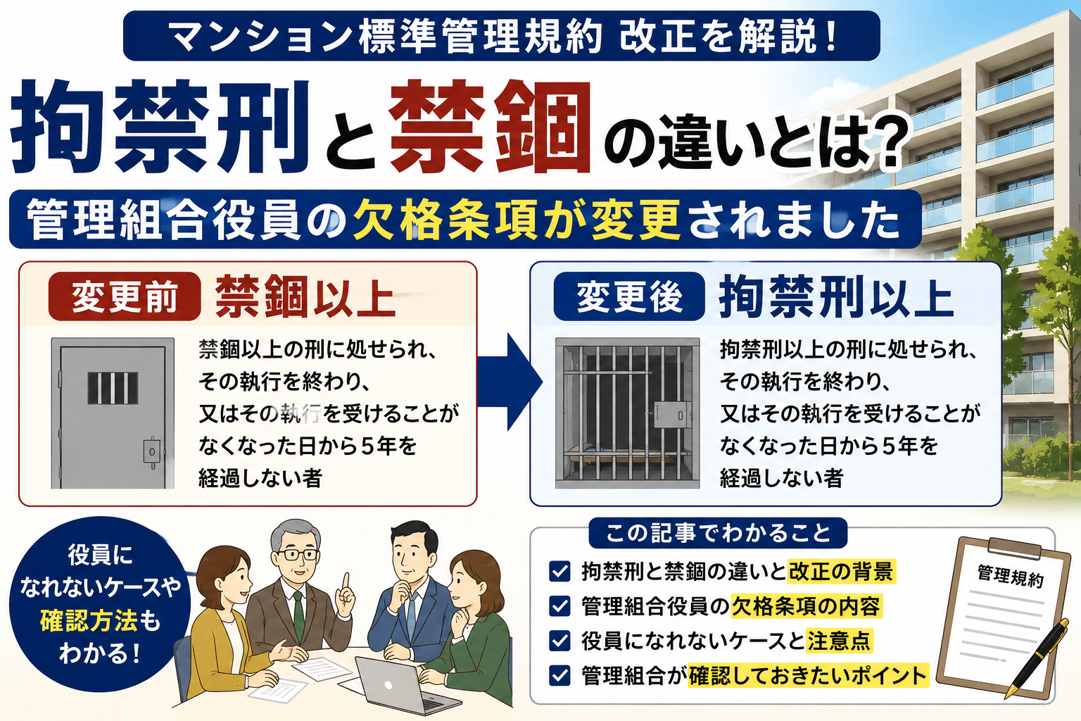 拘禁刑と禁錮の違いとは？管理組合役員の欠格条項改正を解説