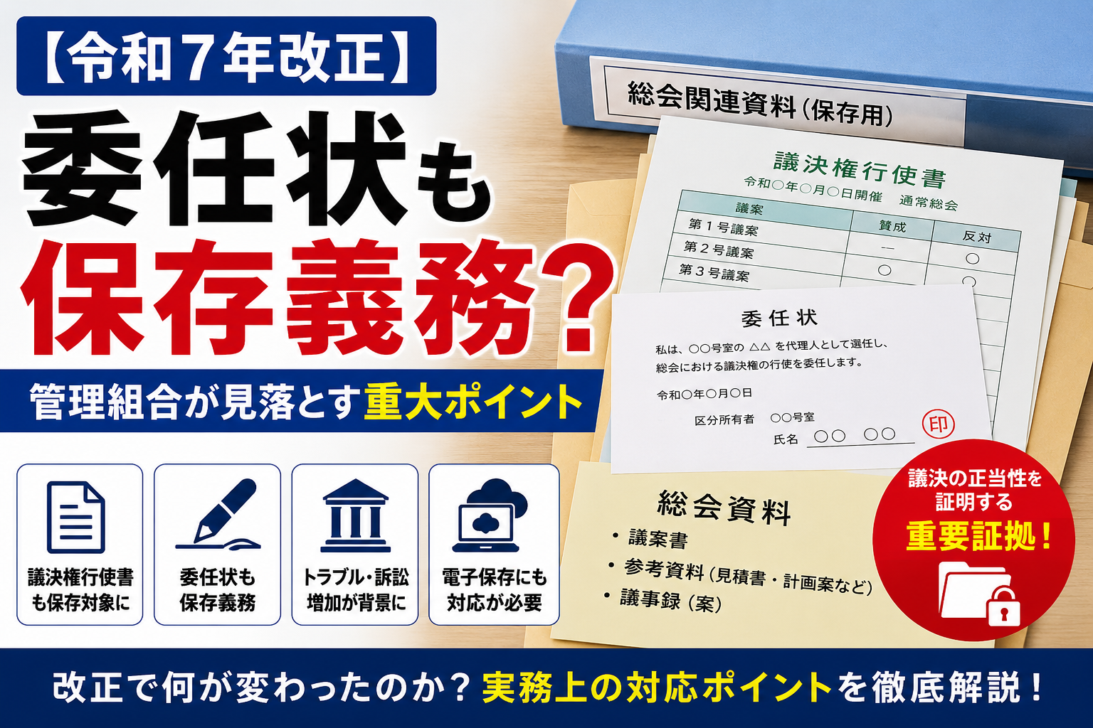【令和7年改正】マンション管理組合の委任状・議決権行使書保存義務とは?保管期間と注意点を解説 【令和7年改正】マンション管理組合の委任状・議決権行使書保存義務とは?保管期間と注意点を解説