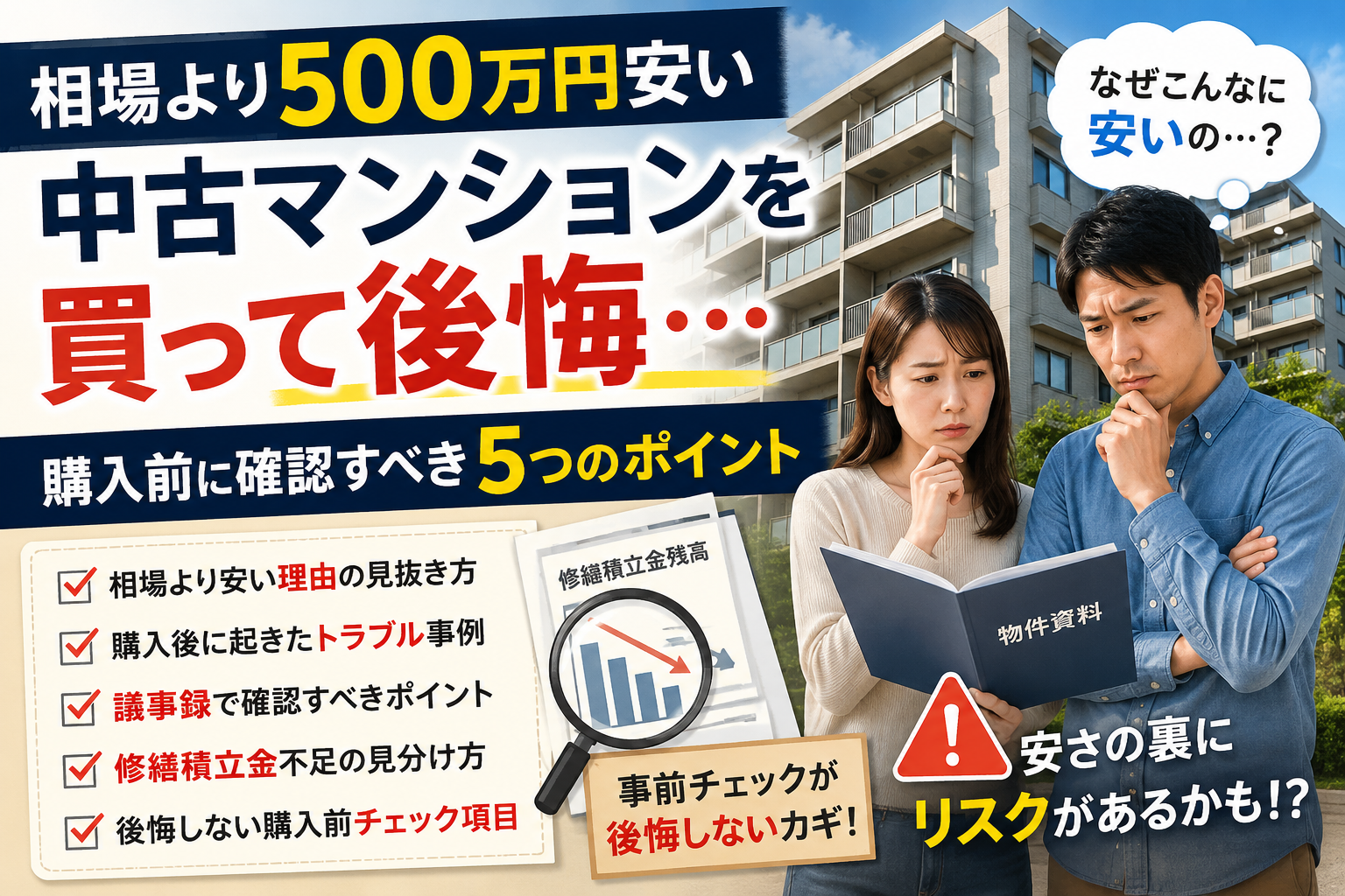 中古マンションを買って後悔…相場より500万円安い物件で起きたことと購入前の確認ポイント 中古マンションを買って後悔…相場より500万円安い物件で起きたことと購入前の確認ポイント