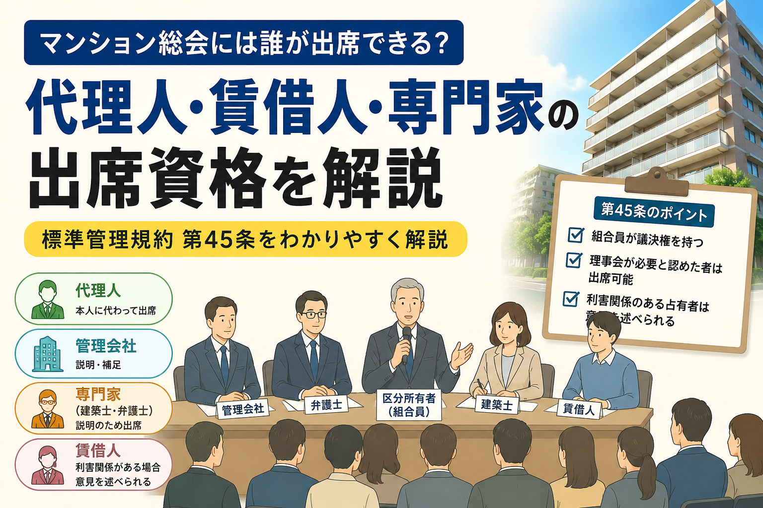 マンション総会の出席資格とは？代理人・賃借人・専門家を標準管理規約45条で解説