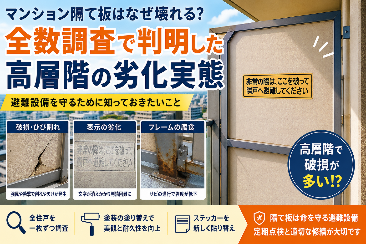 隔て板の耐用年数を解説｜高層階で劣化が多い理由と大規模修繕の実例