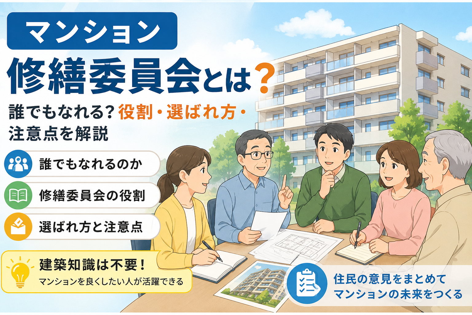 マンション修繕委員会とは？誰でもなれる？役割・選ばれ方・注意点を解説