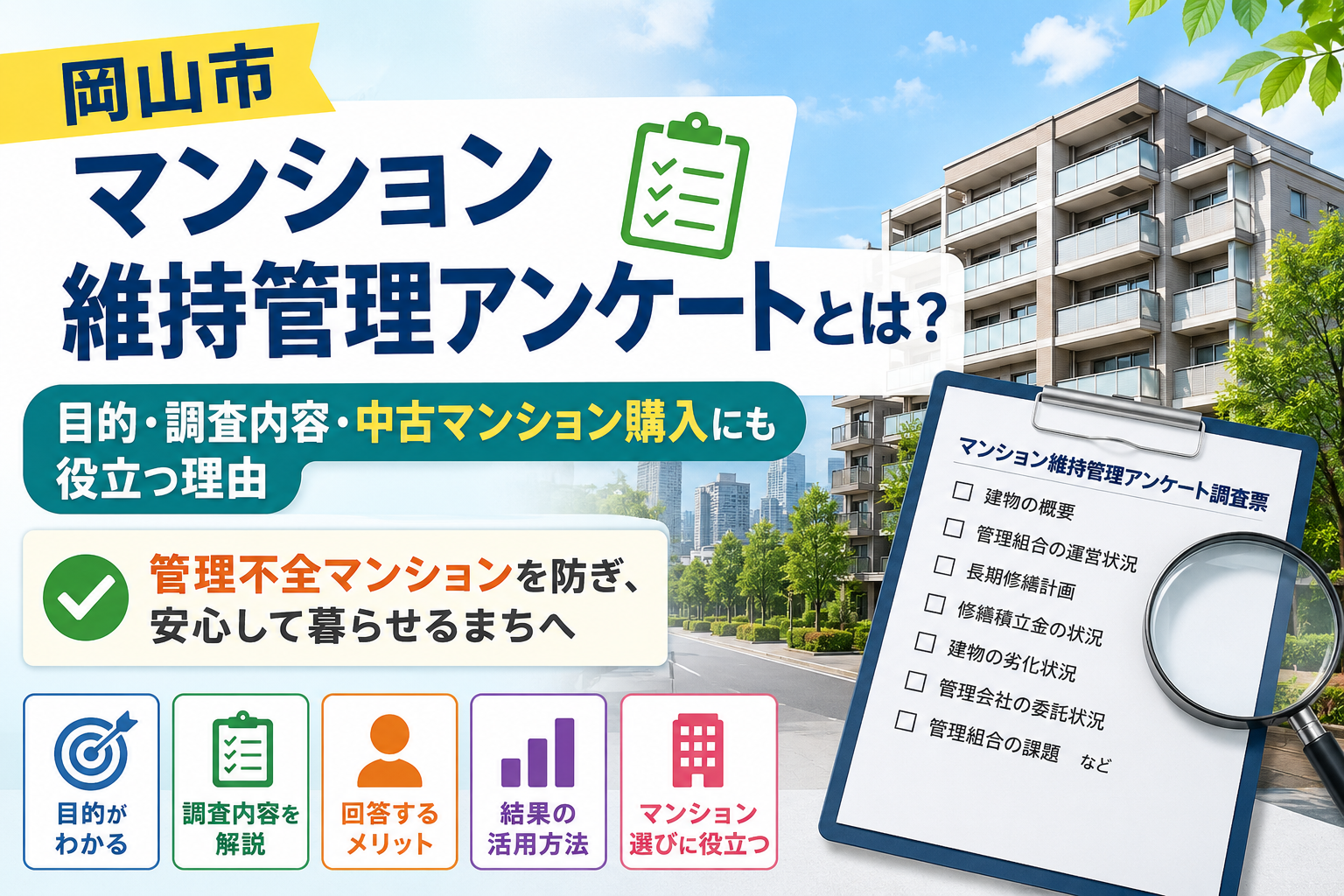岡山市のマンション維持管理アンケートの目的とは?購入前にも役立つ理由 岡山市のマンション維持管理アンケートの目的とは?購入前にも役立つ理由
