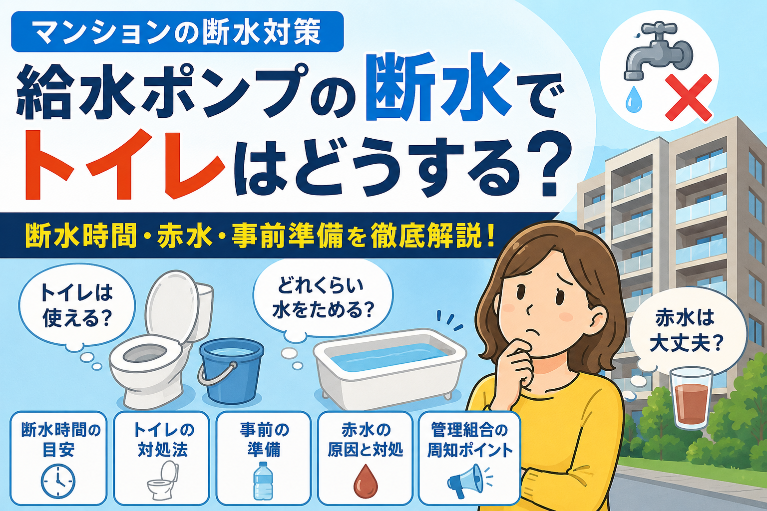 給水ポンプの断水でトイレは使える?断水時間・赤水・事前準備を徹底解説 給水ポンプの断水でトイレは使える?断水時間・赤水・事前準備を徹底解説