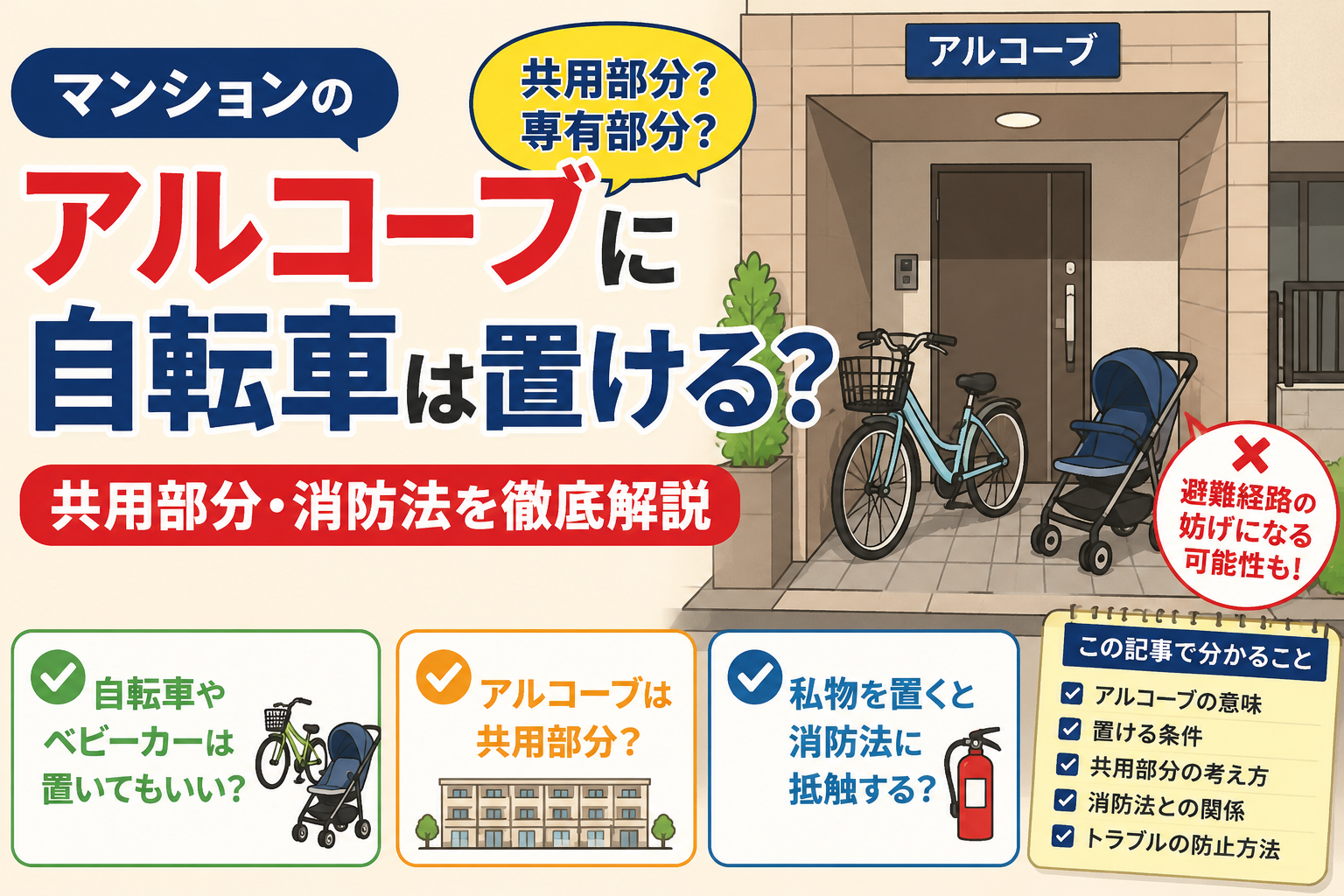 マンションのアルコーブに自転車は置ける？共用部分・消防法を解説