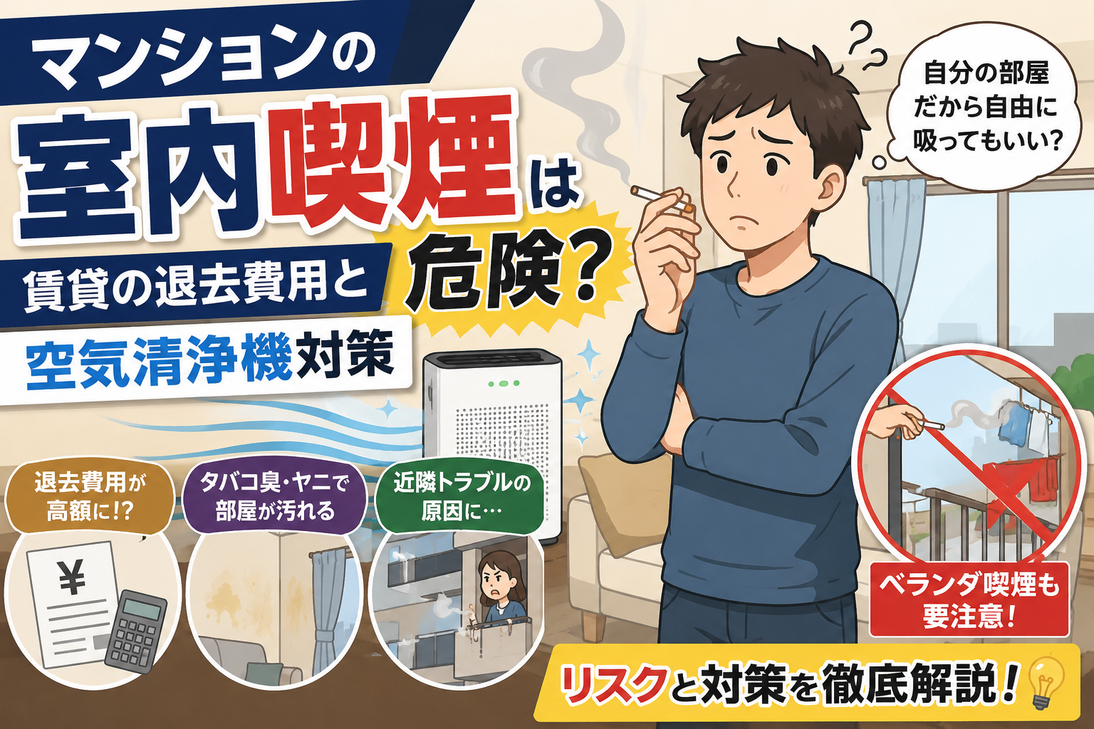 マンションの室内喫煙は大丈夫?退去費用・臭い・ヤニ汚れの対策を解説 マンションの室内喫煙は大丈夫?退去費用・臭い・ヤニ汚れの対策を解説