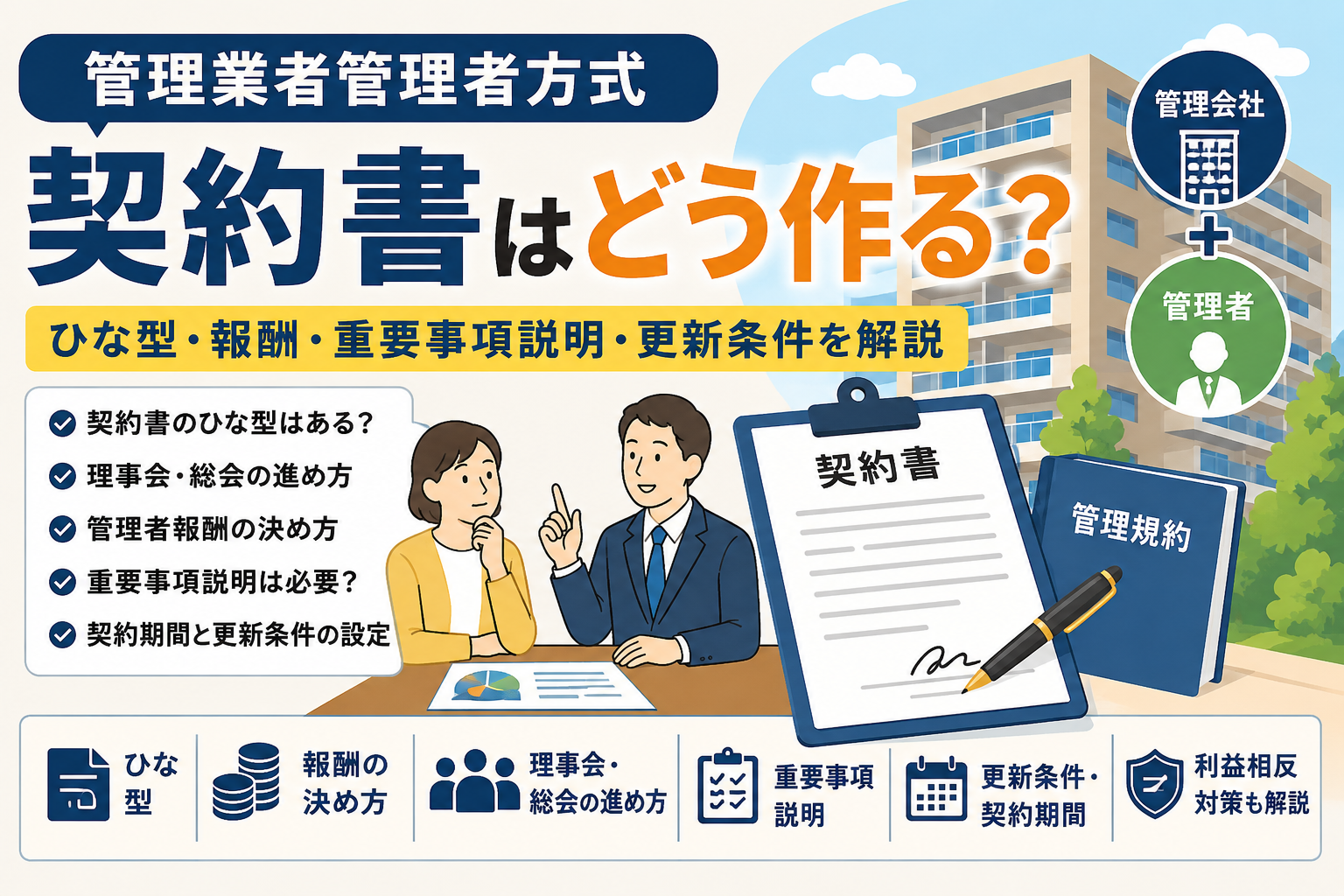 管理業者管理者方式の契約書ひな型は?報酬・利益相反・重要事項説明を解説 管理業者管理者方式の契約書ひな型は?報酬・利益相反・重要事項説明を解説