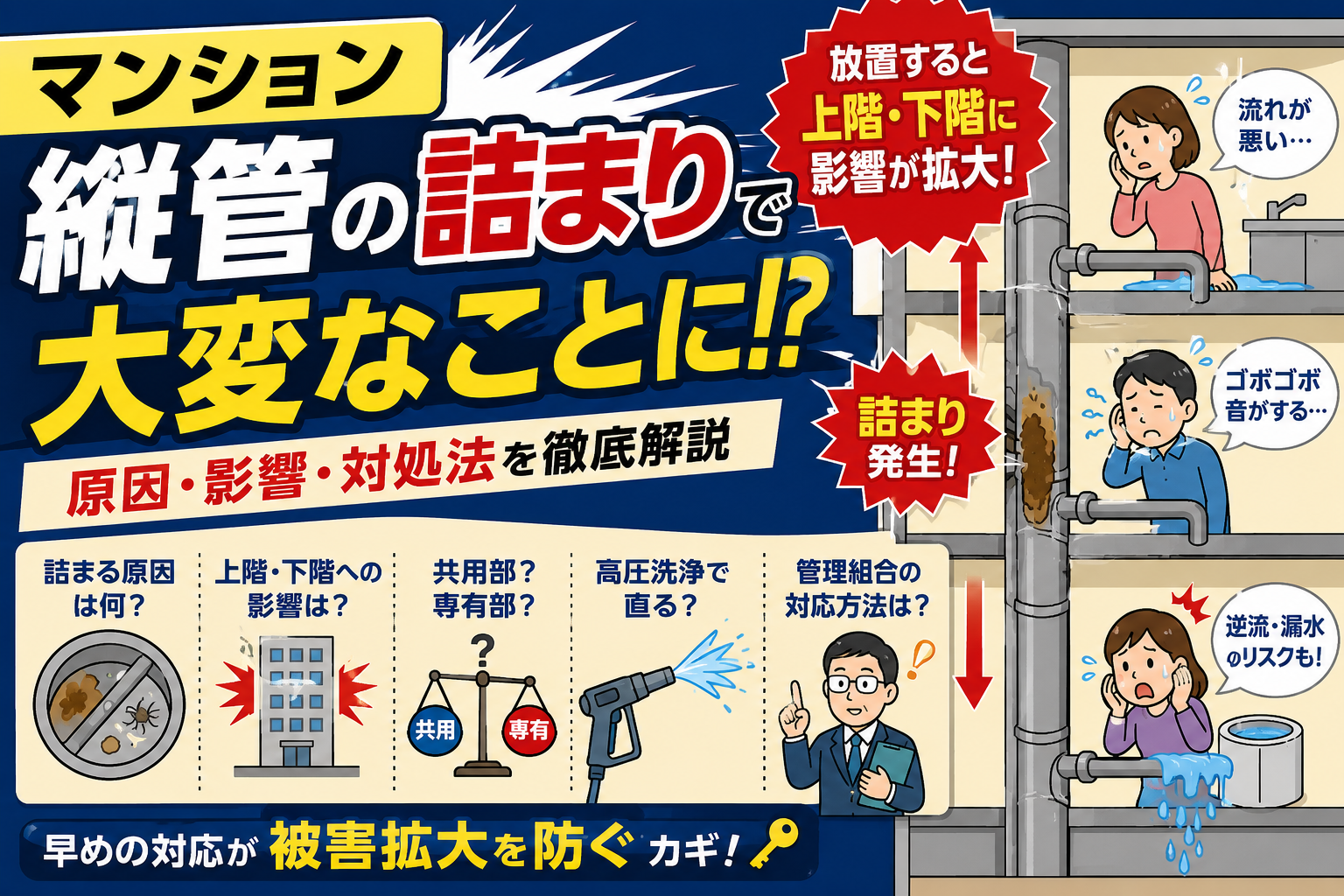 【マンション】縦管の詰まりの原因は?上階・下階への影響と対処法 【マンション】縦管の詰まりの原因は?上階・下階への影響と対処法