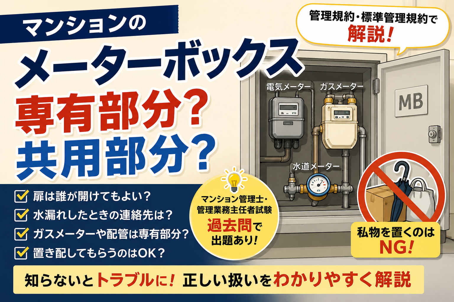 マンションのメーターボックスは専有部分?共用部分?私物置き・置き配の注意点も解説 マンションのメーターボックスは専有部分?共用部分?私物置き・置き配の注意点も解説