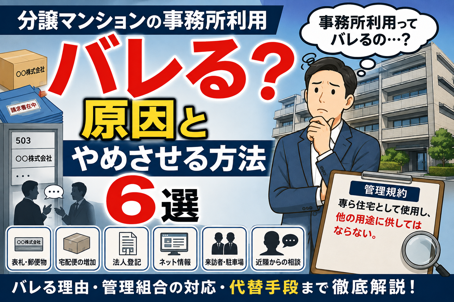 分譲マンションの事務所利用はバレる?原因6選と法人登記・管理組合の対応、代替手段を解説 分譲マンションの事務所利用はバレる?原因6選と法人登記・管理組合の対応、代替手段を解説