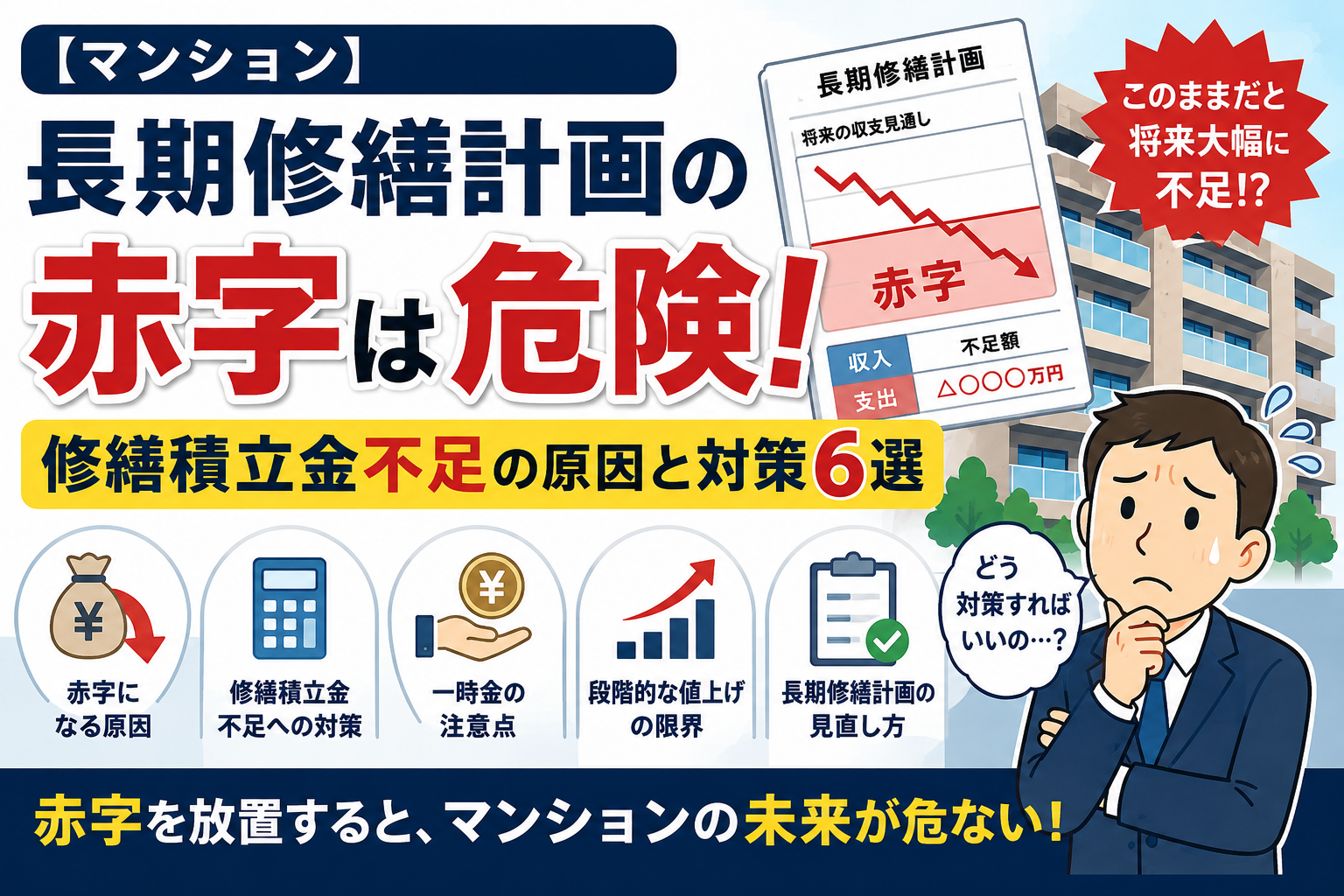 【マンション】長期修繕計画の赤字は危険！修繕積立金不足の原因と対策6選