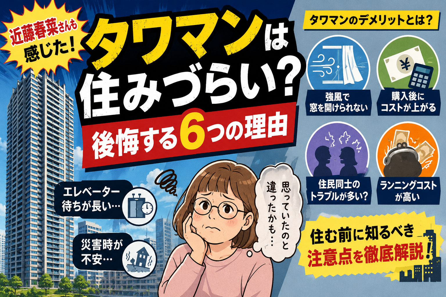 タワマンは住みづらい？近藤春菜さんも感じたデメリット6選と後悔する理由
