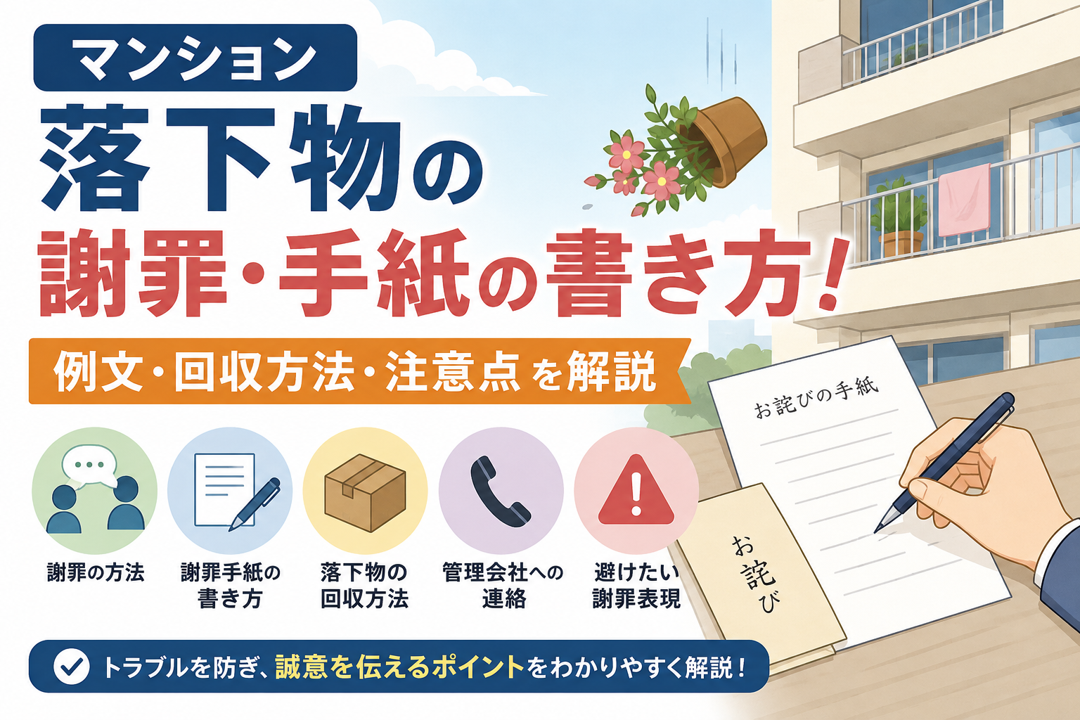 マンション 落下物の謝罪・手紙の書き方！例文・回収方法・管理会社への対応を解説