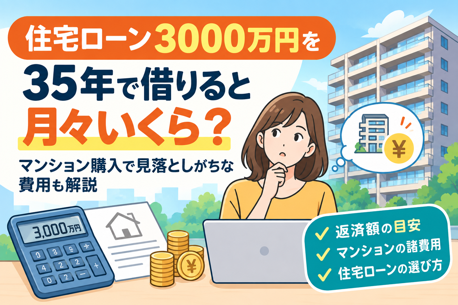 住宅ローン3000万円を35年で借りると月々いくら？マンション購入で見落としがちな費用も解説