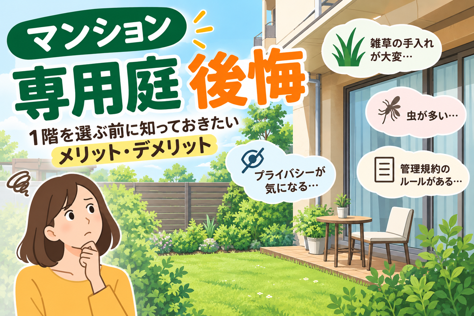 マンションの専用庭で後悔する理由とは?1階のメリット・デメリットと対策 マンションの専用庭で後悔する理由とは?1階のメリット・デメリットと対策